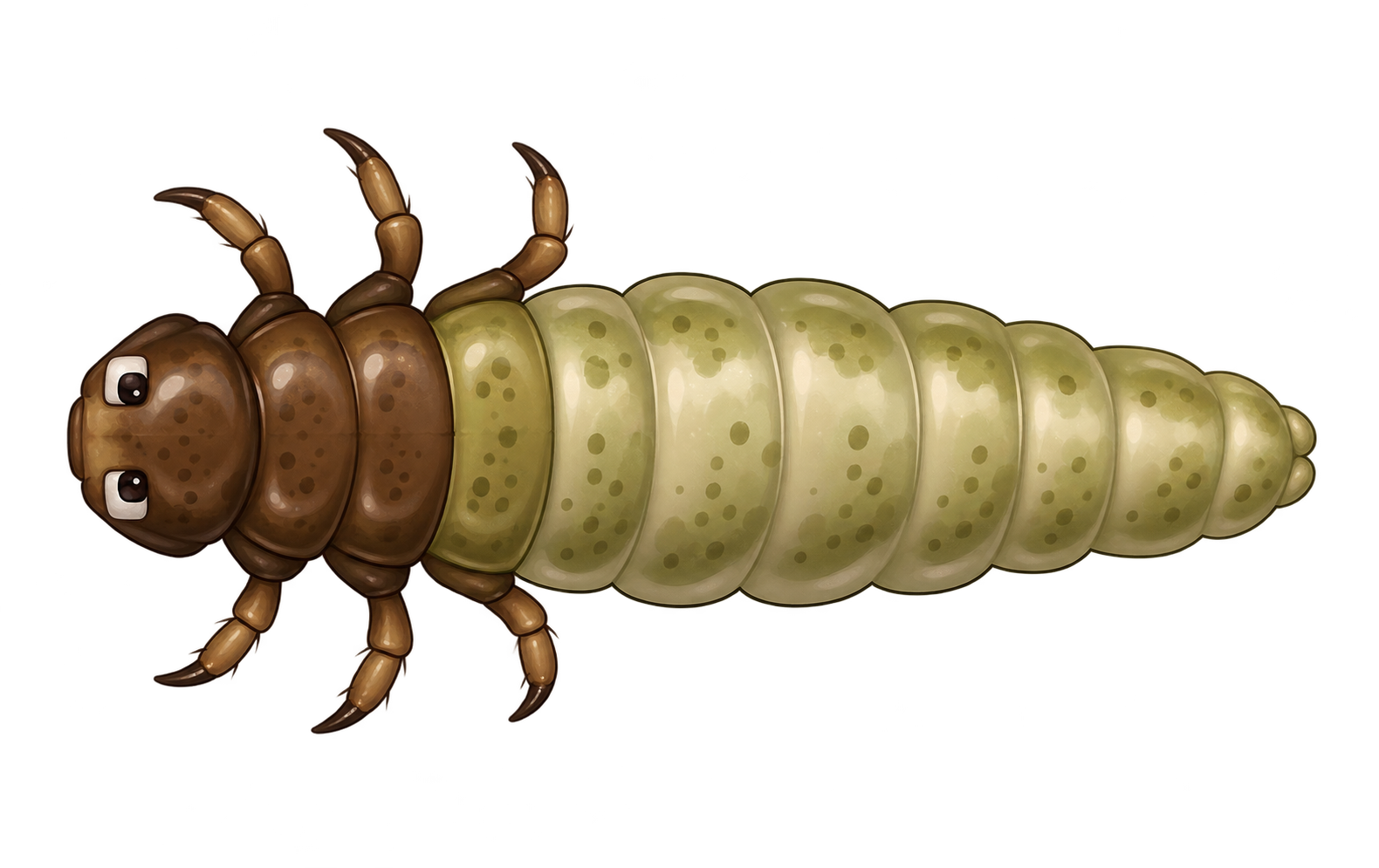 Stylized caddisfly larva with six legs and a segmented abdomen
